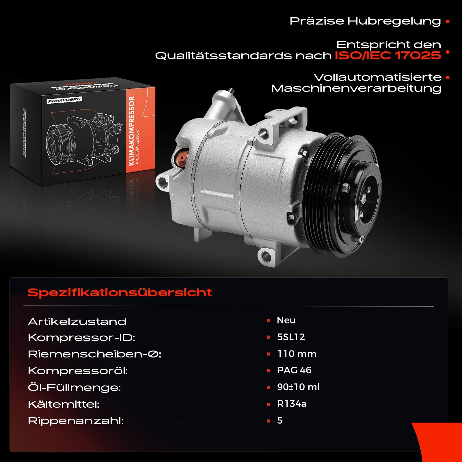 Frankberg Klimaanlagen Kompressor mit Kupplung Benzin Kompatibel mit Corsa D S07 1.0L 1.2/1.2 LPG 1.2L 1.4L Corsa E X15 1.2 1.4/1.4 LPG 1.4L Replace# 55701200, inkl. Öl vorbereift