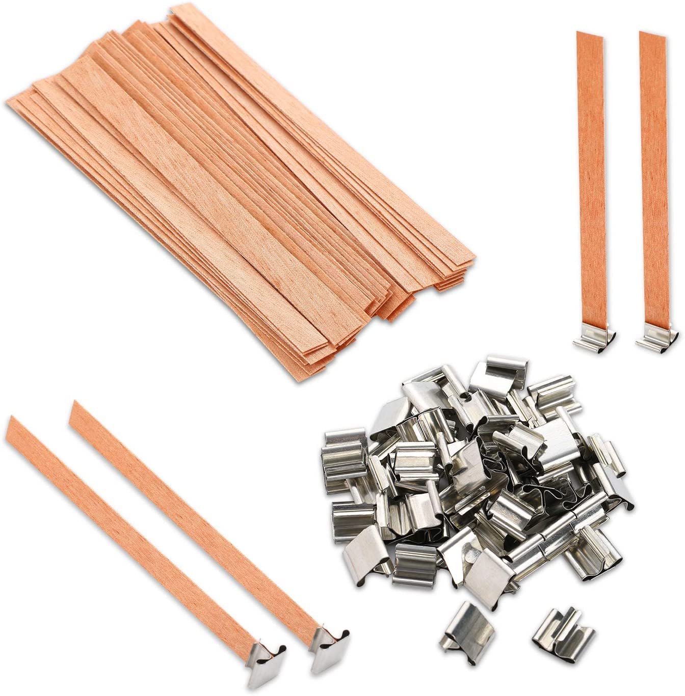 100 pcs Wooden Candle Wicks for Candle Making,6 inch Crackling Wood Wicks/Smokeless Candle Wick with Metal Base Clip 50 Sets