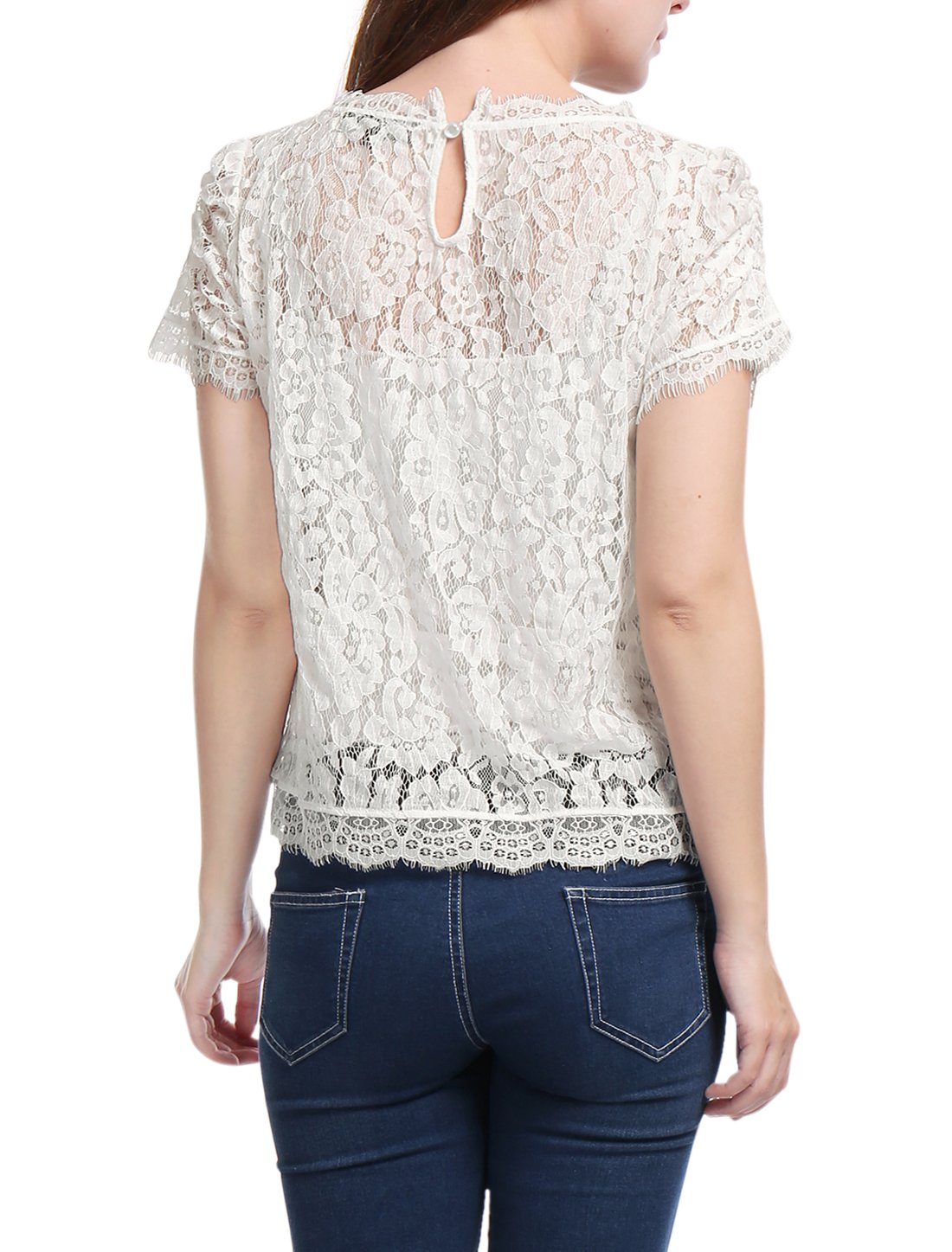 Allegra K Donne Smerlata Trim Manicotti Arricciato Pura Floreale Top Pizzo