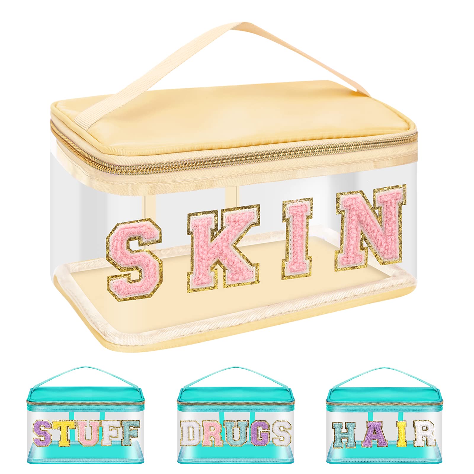 Iqimott Preppy Clear Makeup Bag Skin Pouch, Chenille Letter Cosmetic Bag for Women Girls, Nylon PVC Toiletry Storage Handbag, Travel Transparent