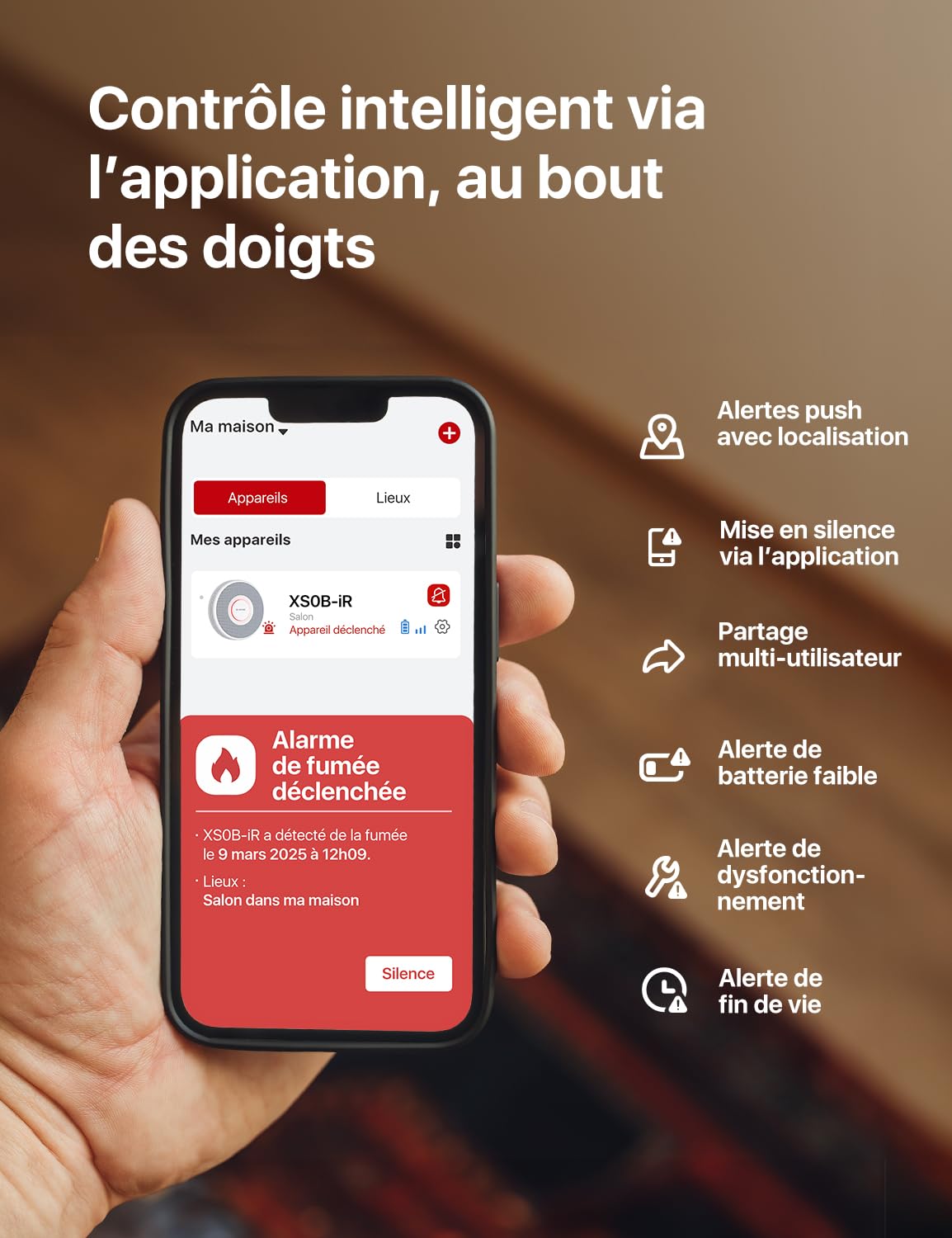 X-Sense Détecteur de Fumée Connecté Wi-FI, Alarme Incendie avec Alertes Vocales en Français, 17 Emplacements, Batterie Remplaçable, Épaisseur 33 mm, XS0B-iR, Lot de 1