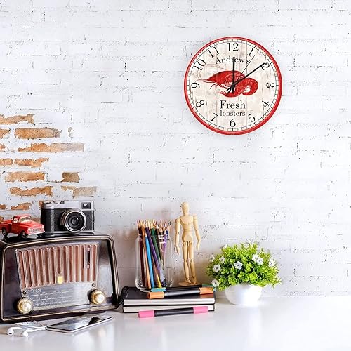 Miniatura 2 de Reloj de pared personalizado con langostas rojas frescas y elegantes para decoración de playa, reloj redondo de madera de animales oceánicos,