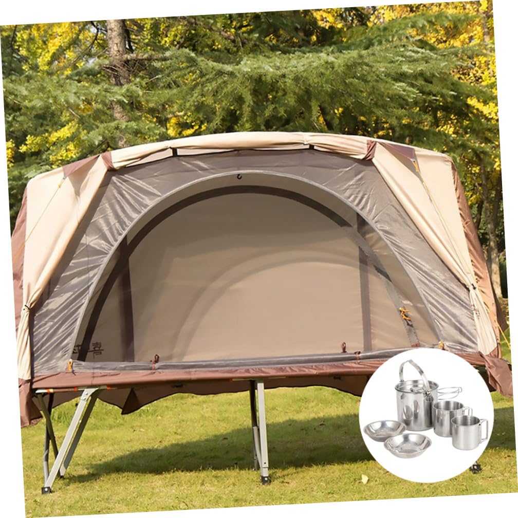 SUPVOX Ensemble De Vaisselle Camping Acier Inoxydable 5 Pièces Bol Tasse Bouilloire Portable Batterie Cuisine Randonnée Pique-niques Extérieur