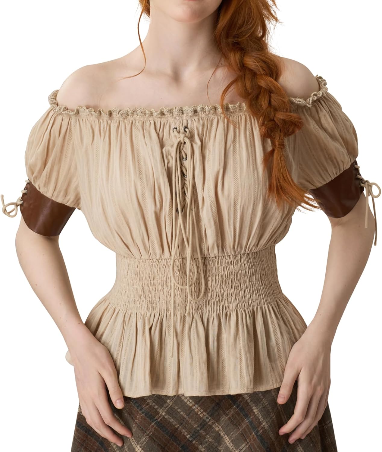 YESSA Women Renaissance Shirt,Victorian Off Shoulder Peasant Blouse,Pirate Short Sleeve Medieval Tops,Ren Faire Costume