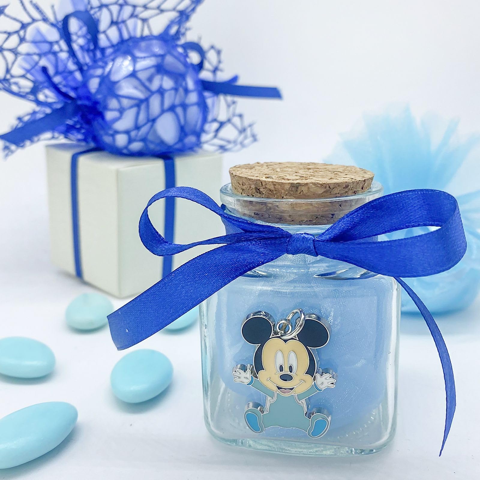 Doni Bomboniere 10 Vasetti in Vetro portaconfetti con Applicazione Disney di Topolino. Bomboniere Utilizzabile per Compleanni, Battesimi, confettate Nascita per Un Bimbo. Fiocco a Scelta.