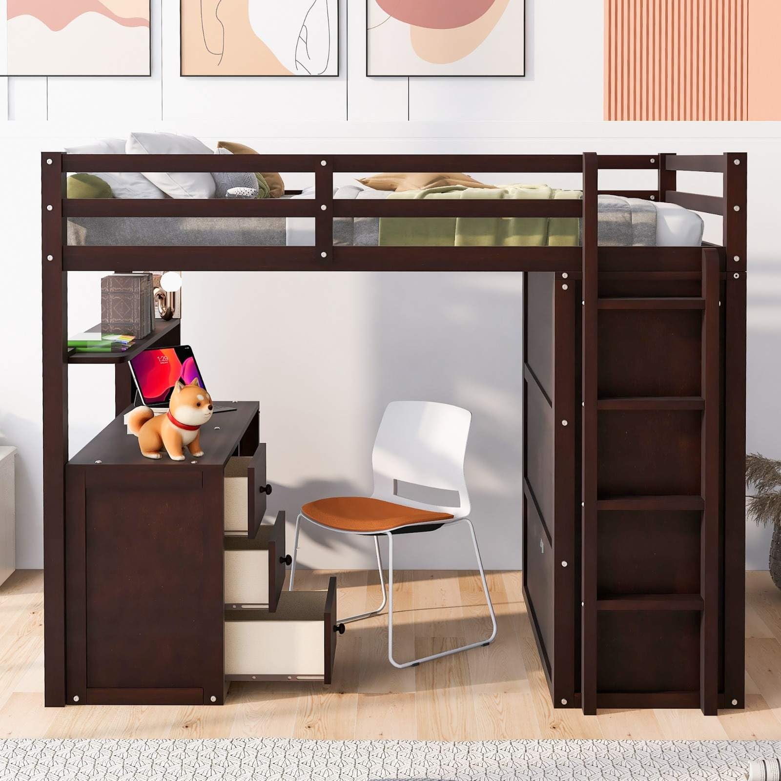 FRITHJILL Full Size Loft Bed with Desk, Wardr0be and Drawers - Wood Space-Saving Design with Guardrails for Kids, Teens and College Students - No Box Spring Required, Coffee