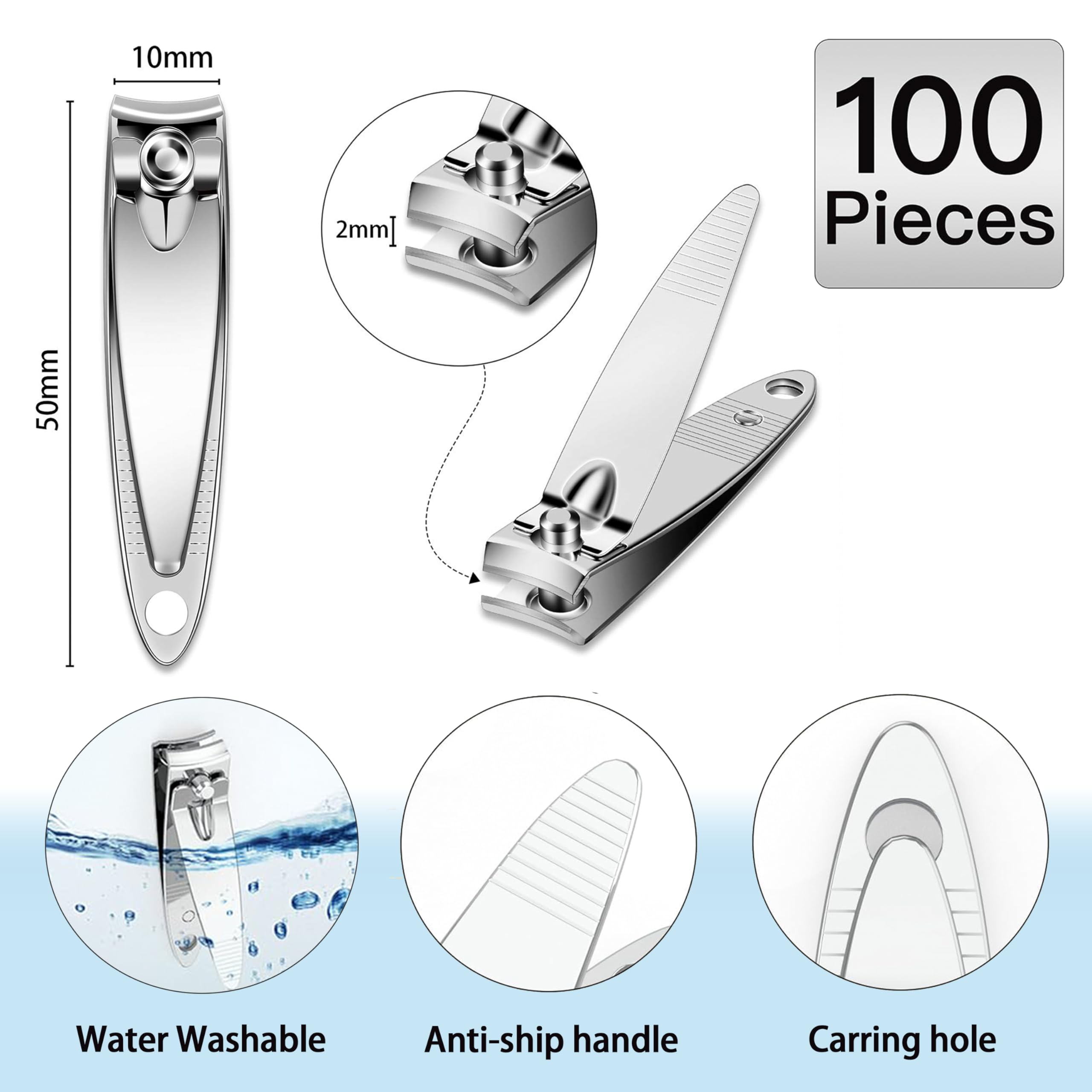 100 cortaúñas de dedos, kit de cortaúñas de acero inoxidable grueso, juego de cortadores de uñas portátiles para adultos, hombres y mujeres