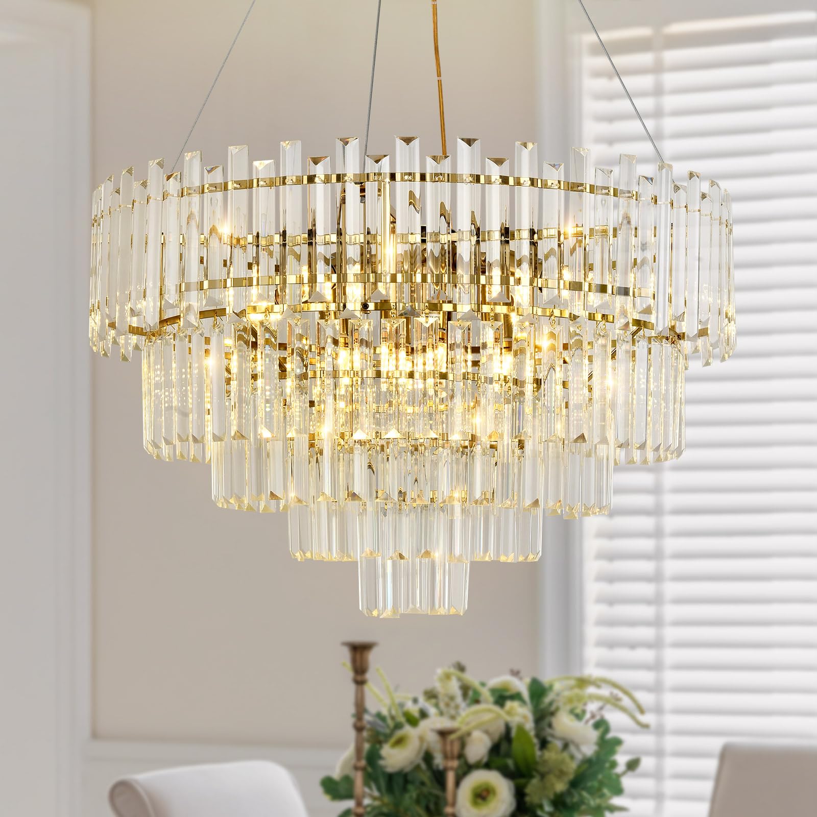 Moderne Gold Kristall Kronleuchter, Runde Pendelleuchte aus klarem Kristall für Esszimmer, Wohnzimmer, Schlafzimmer & Restaurant, E14 x 8, Φ60 cm