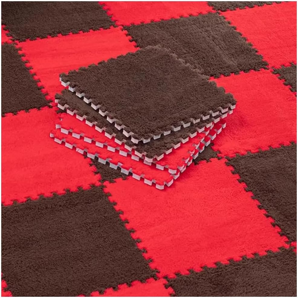 10pcs DIY Spliced Plush Carpet Bedroom Living Room Can Be Cut Foam Floor Mat Household Multi-Purpose Decoration Supplies(Red+Brown,4 pcs)
