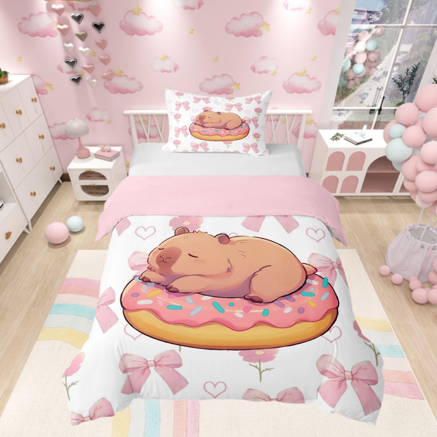 Homewish Kids Kawaii Capybara Duvet Cover Set Girls Pink Bow Bedding Cot - Sweet Donut Capybara Animal Quilt Cover Princess Style Bowknot Floral Bed Set with Pink Reverse - 1 Pillowcase — image 1