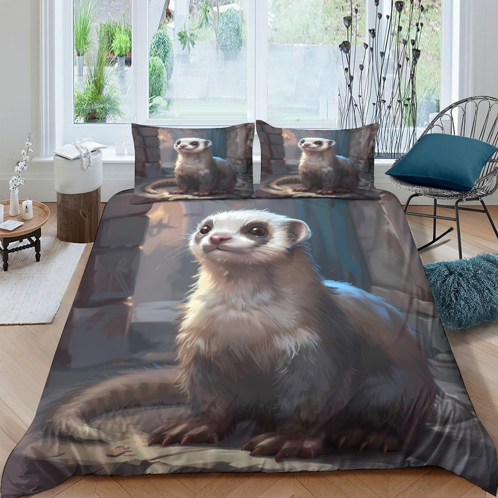 GPLZQXKJNH 3D Printed Ferret Animal Duvet Cover Microfiber Soft Breathable Forest Nature Bedding Set with 2 Pillowcases for Bedroom Decor Single（135x200cm）