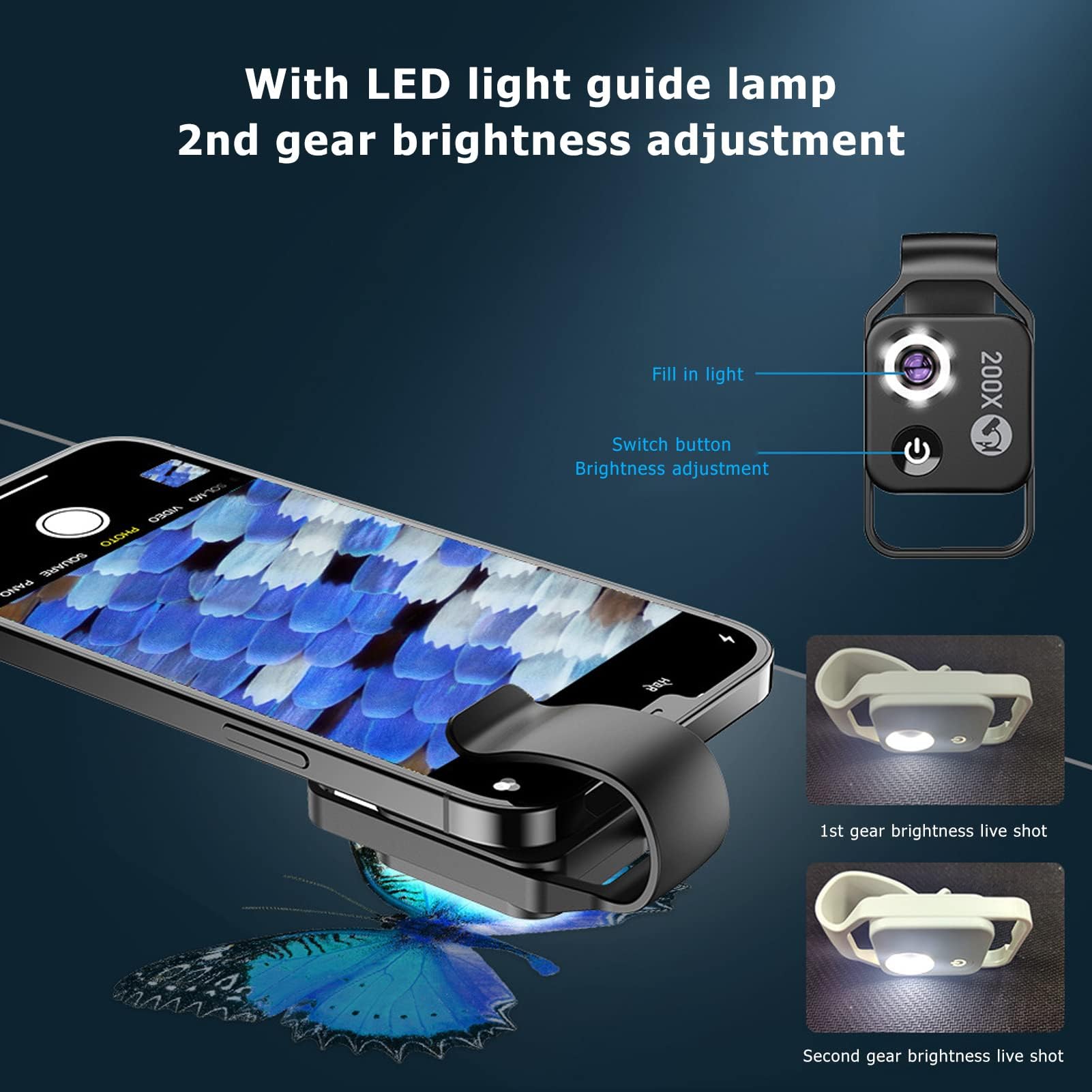 Microscopio de Teléfono 200X con Clip LED Universal, Mini Microscopio de Bolsillo Tipo C, Accesorios de Cámara para Teléfono (Negro)