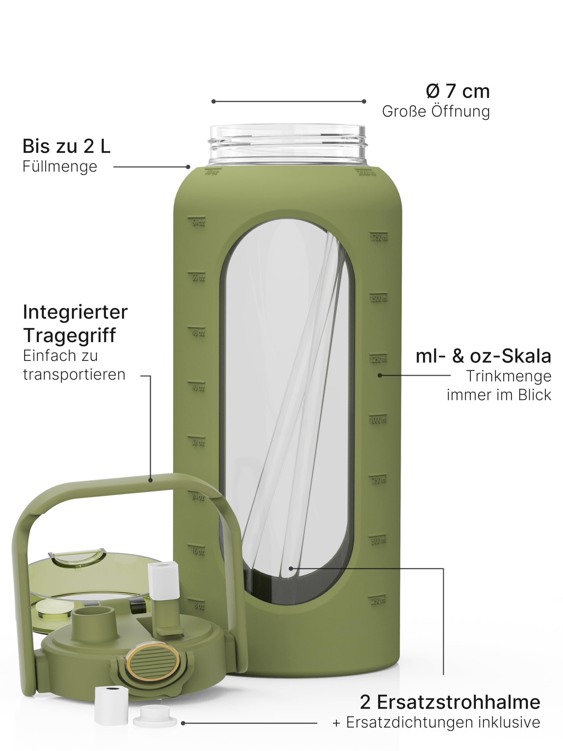 spottle Glasflasche 2 Liter - Trinkflasche 2L Glas mit Strohhalm - Große Wasserflasche mit Schutzhülle aus Silikonhülle - auslaufsicher - spülmaschinenfest - BPA-frei