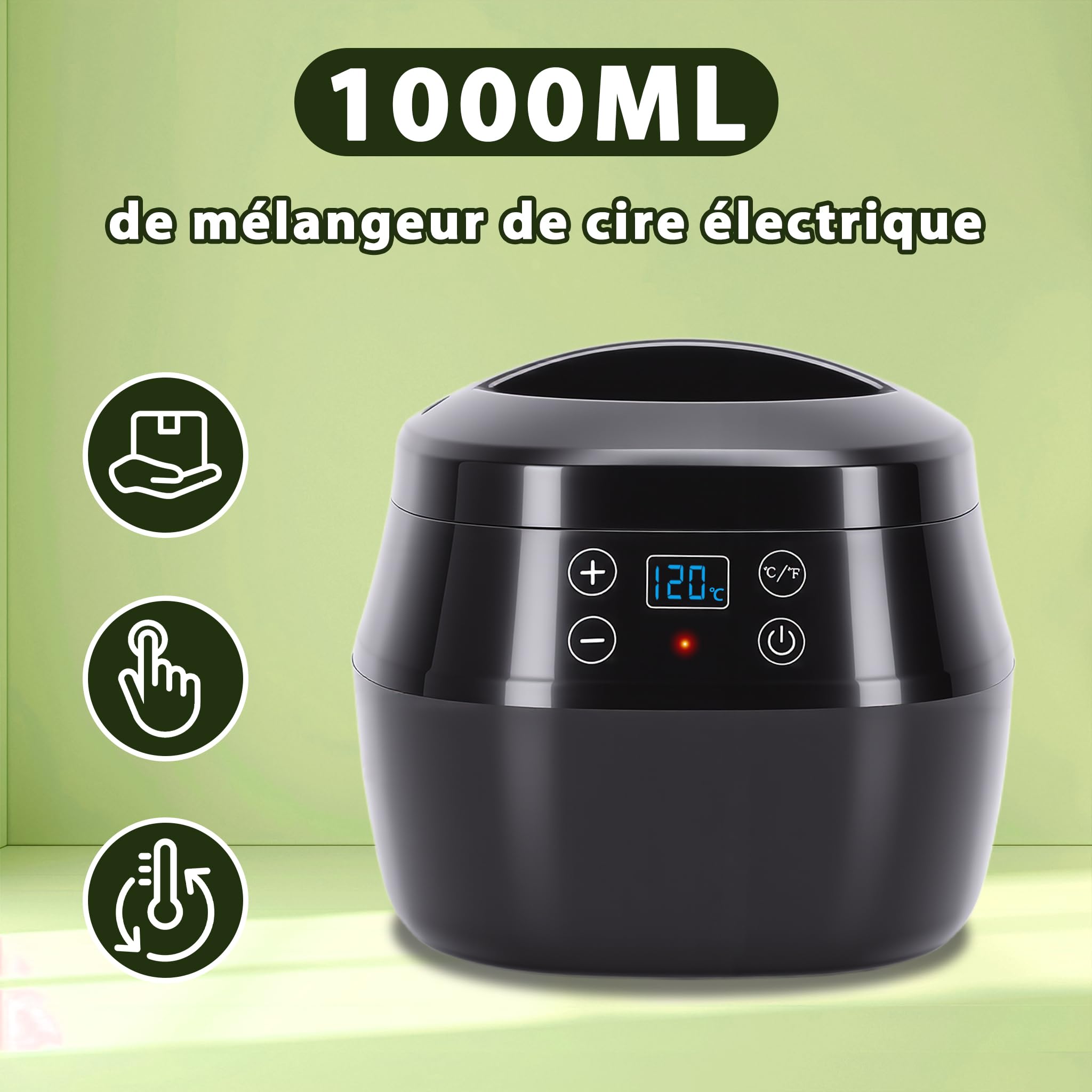 Fondeur de Cire Bougie Électrique 1L 150 W, Kit Fabrication Bougie Fondoir Cire Bougie avec Affichage de la Température, Mèches, Dispositif de Centrage et Cuillère Mélangeuse