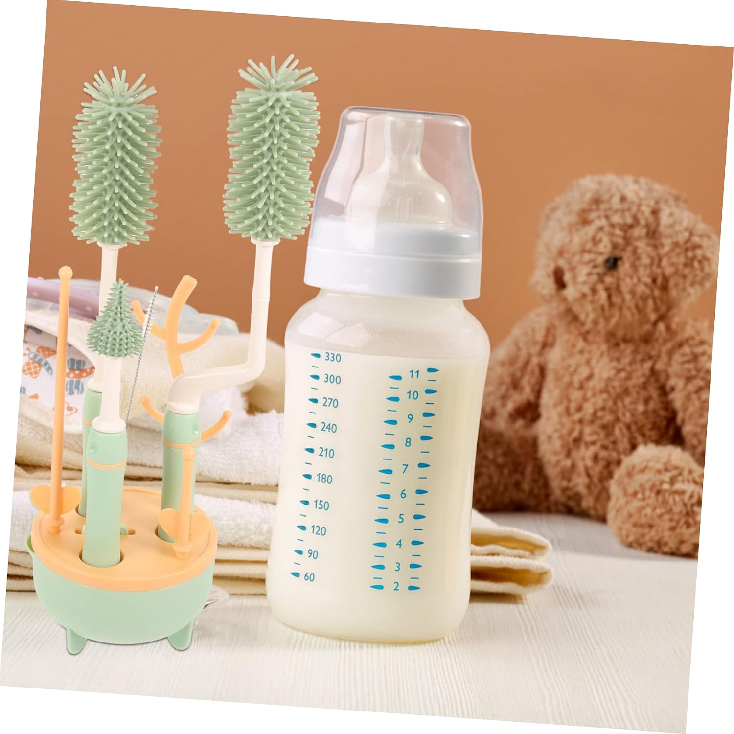 1set Multi-Functional Bottle Brush Cleaners for Bottles Cups and Pacifiers with Convenient Drying Stand for Easy Cleaning and Maintenance