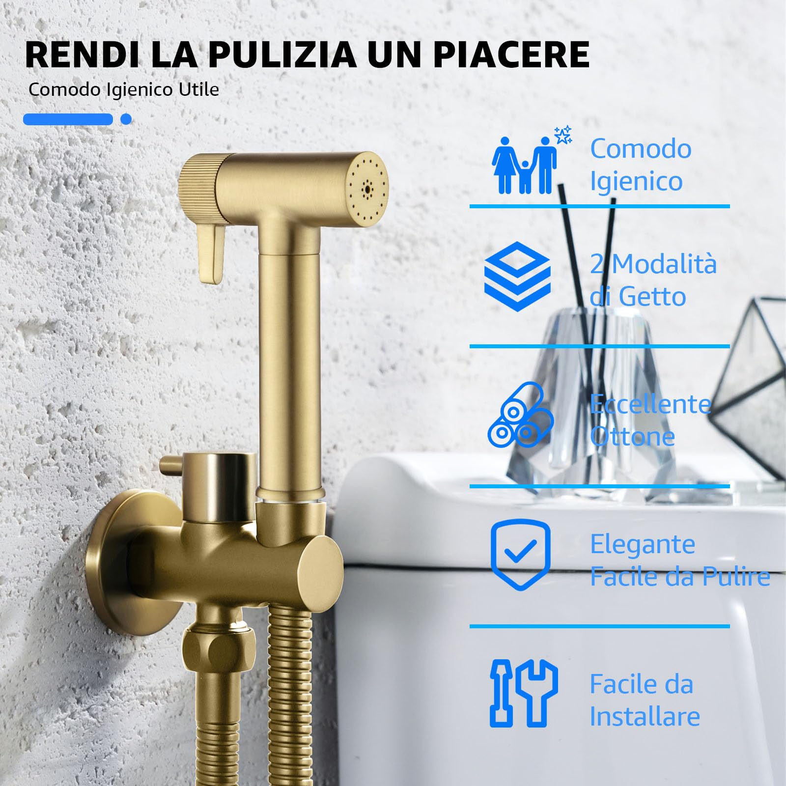 Kit Doccetta per Bidet, 2 modalità Spruzzatore per WC con 1.2m Tubo Flessibile Acciaio Inox e Supporto, Kit Doccetta a Mano Ottone per Bidet, Igiene Personale e Animale, G1/2, Oro