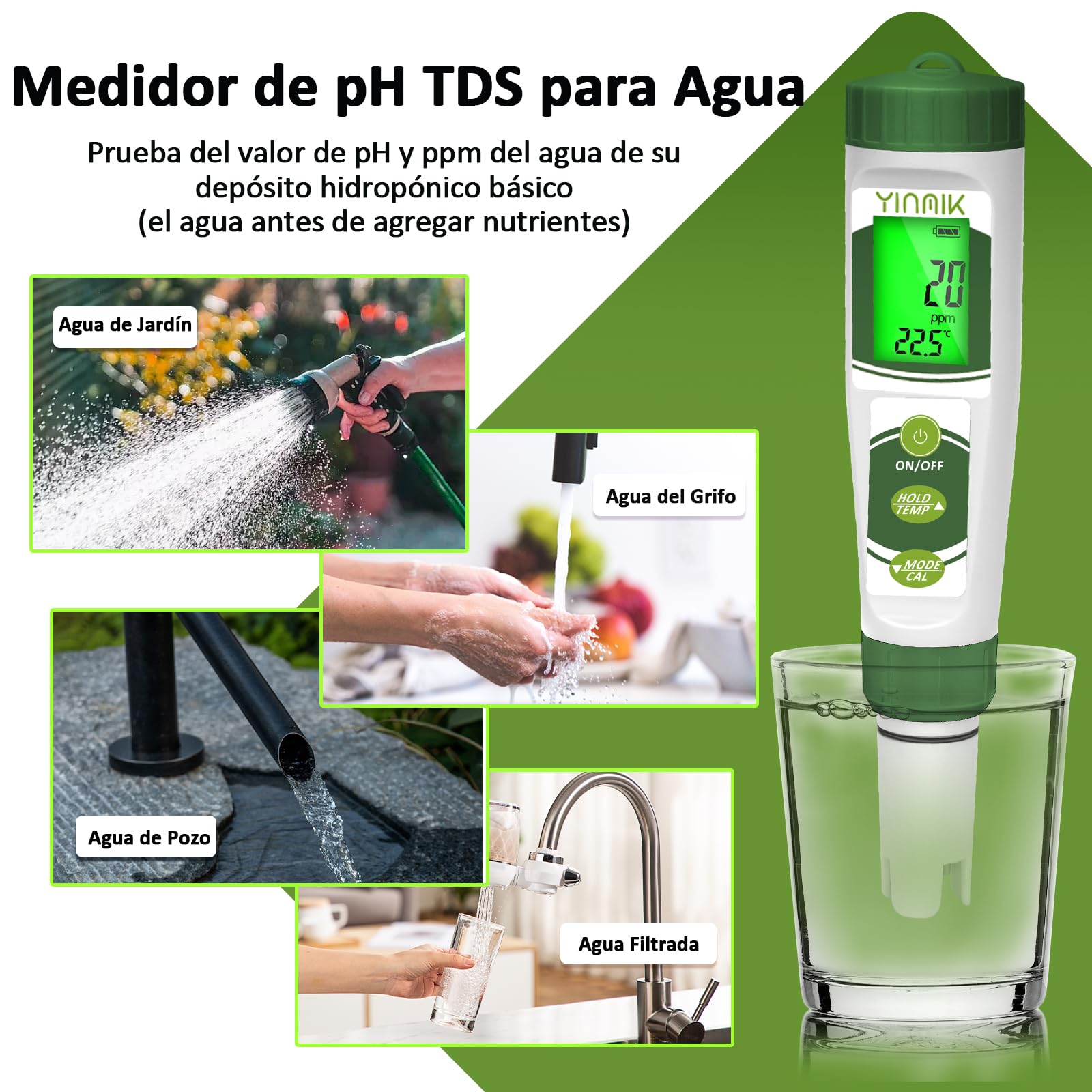 Medidor de pH, Medidor EC para Cultivo y Hidroponía, YINMIK Medidor de TDS para Nutrientes, Medir pH PPM Conductividad de Hidropónico, Medidor de pH TDS EC Temperatura para Agua, Acuario, Piscina
