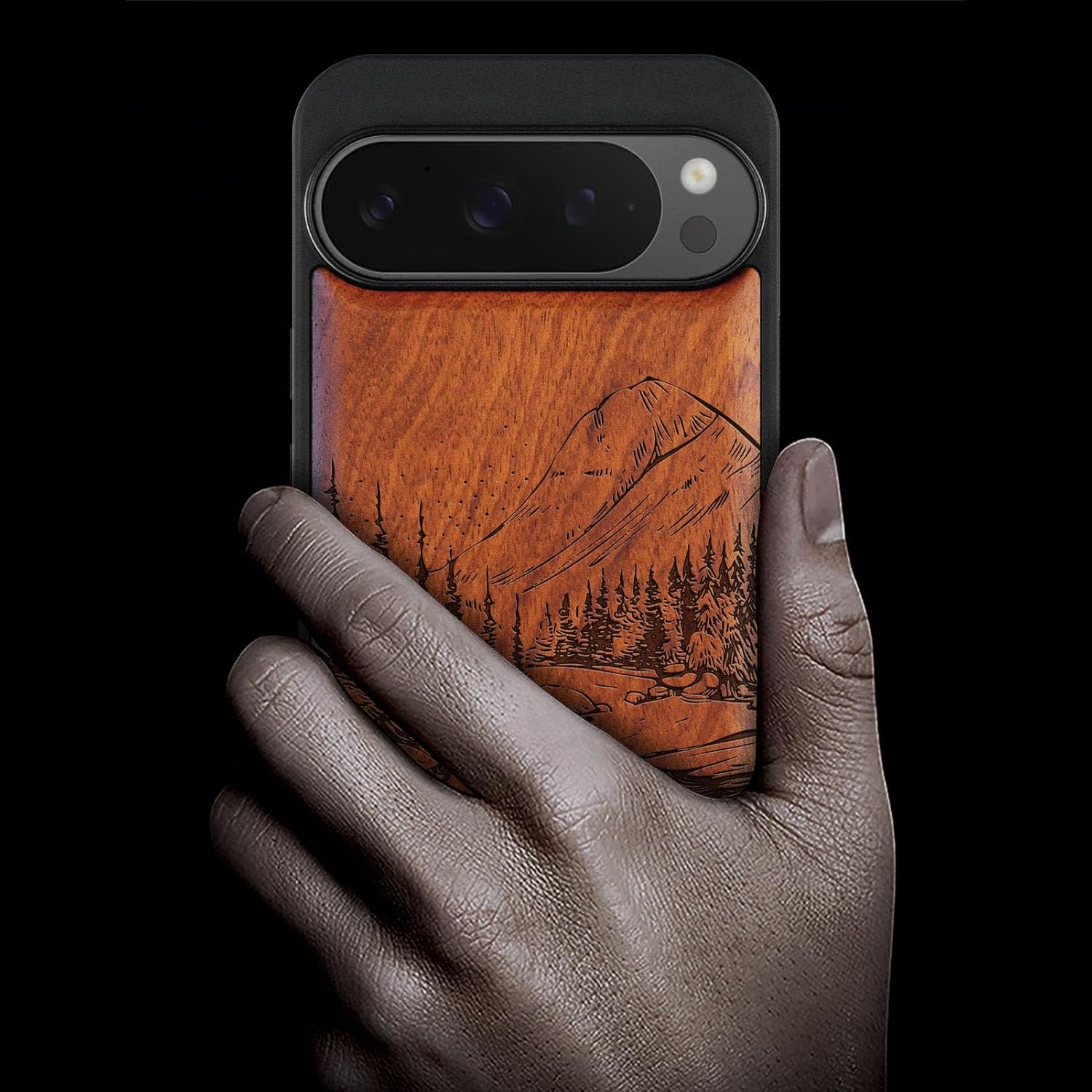 Carveit Magnetic Wooden Case for Pixel 9 Pro Google 9 Pro Case, Wood Artisan Engraved & Soft TPU Shockproof Cover, Compatible with MagSafe Wireless Chargers (Lake and Mountain) Rosy