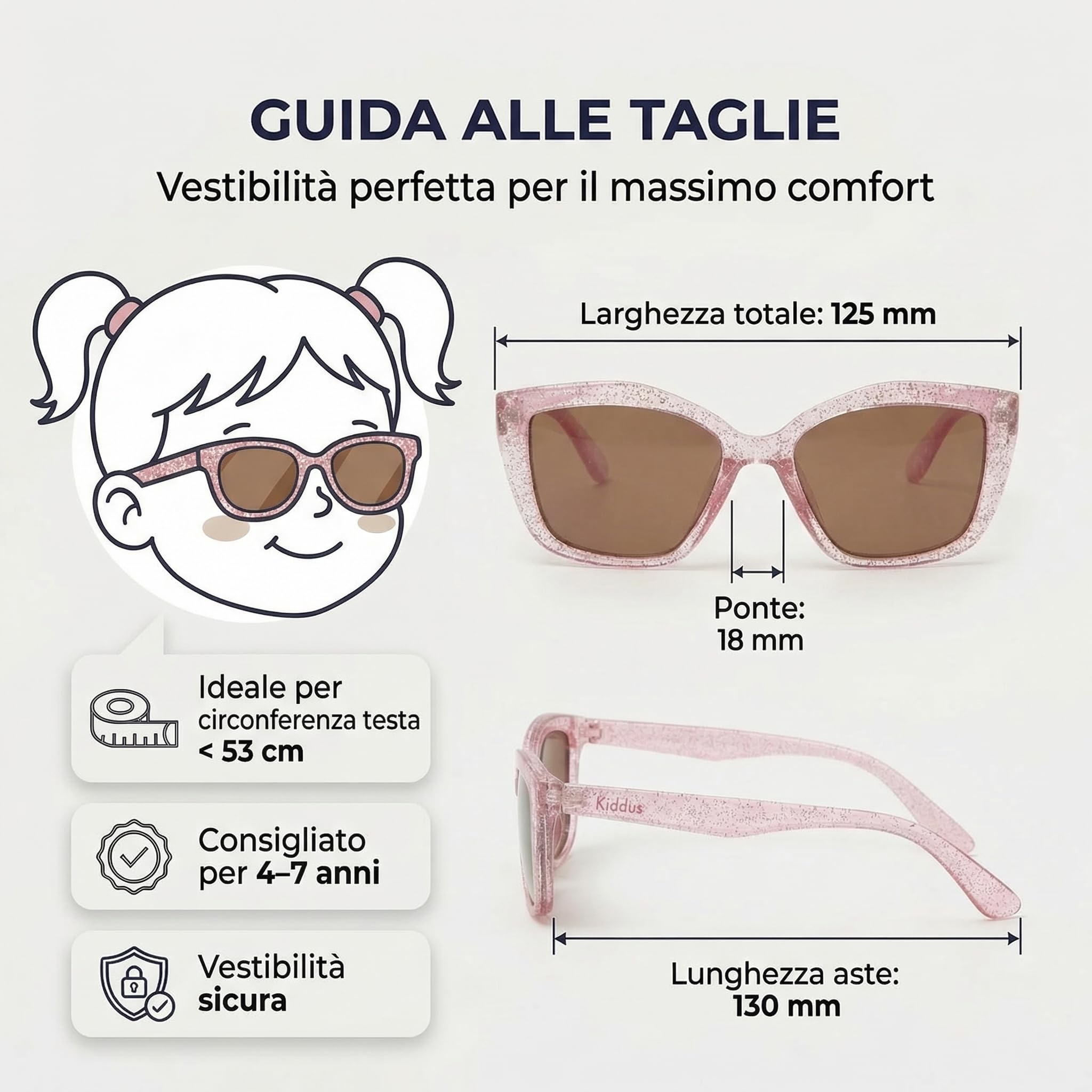 Kiddus Occhiali da Sole Bambina 4-8 Anni, Polarizzati UV400 CAT3, Montatura TR90 Flessibile, Aste in TPE, Ponte in Silicone, Certificazione CE ISO REACH