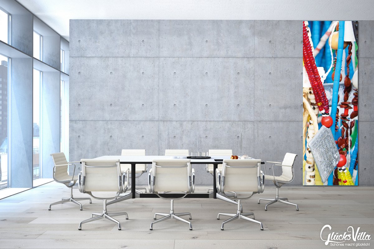Glücksvilla - Ketten 3 (Leinwand-Bild 2 cm, 60 x 20 cm) | div. Maße - aus DE - Kunstdruck XXL Deko Wandbild quer - Schmuck Kunst Afrika Perlen bunt Silber Trödel