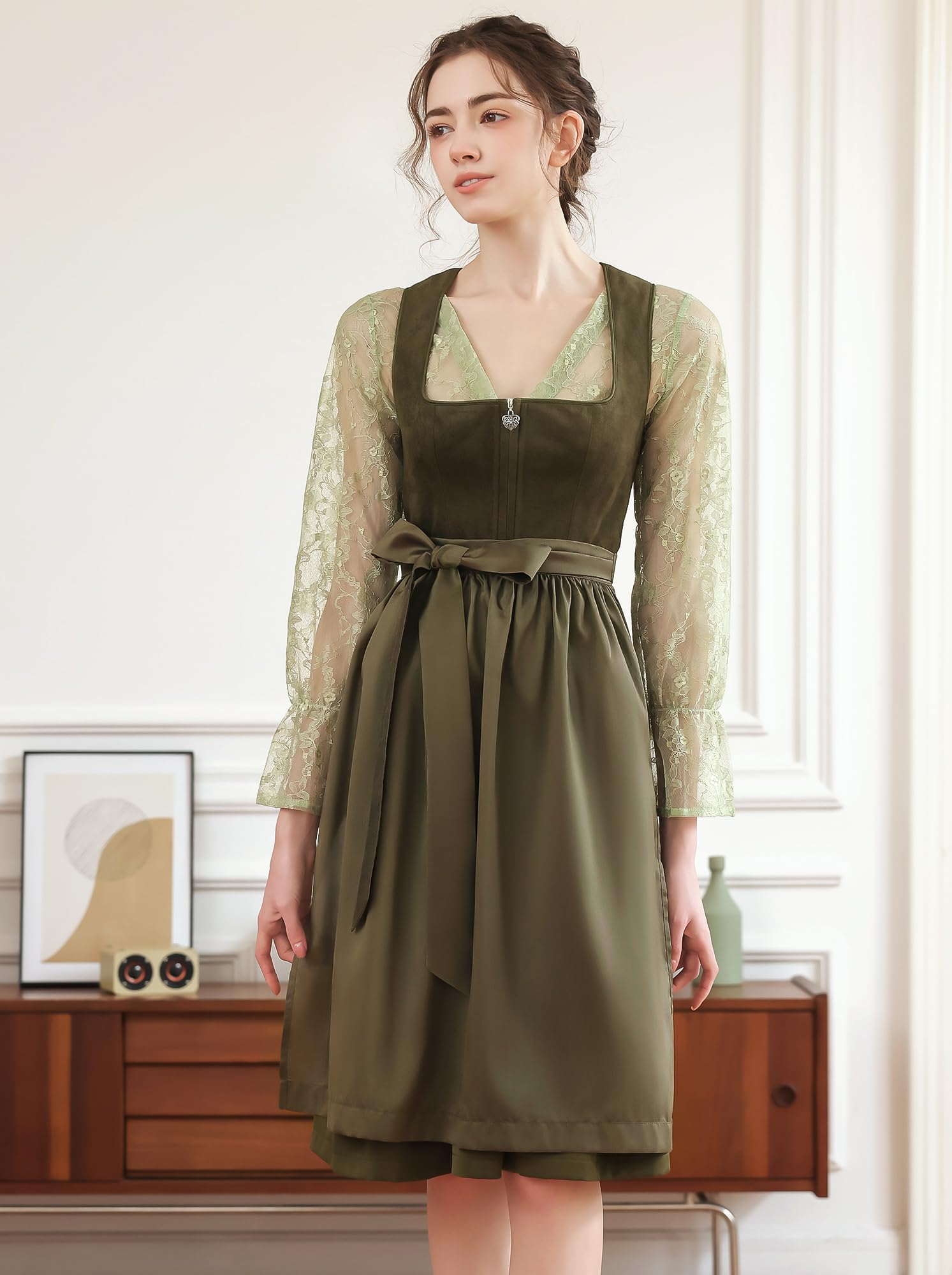 EIISSION Dirndl Damski Oktoberfest Kostium Oktoberfest Kostium Kostium Damski Zielony Tradycyjna Sukienka midi Trachten Sukienka 3 Pieces Sukienka Bluzka Fartuch