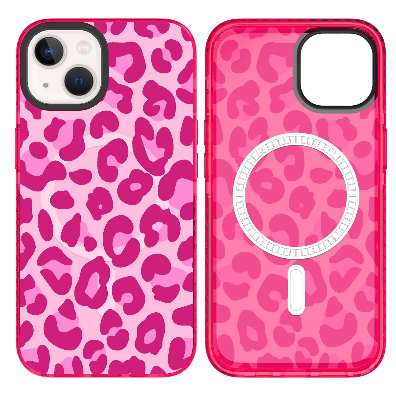 SAKUULO Magnetic for iPhone 14 Plus Case Hot Pink Leopard Print Pattern [Compatible with MagSafe] Wireless Charge Strengthen Protection Cover, Hot