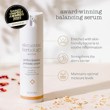Elemental Herbology Perfect Balance Probiotic Facial Serum, 1.0 Fl Oz - Restoring Face Serum for Normal or Combination Skin - Kombucha, Jojoba, and Rosehip Oil - Vegan & Cruelty Free