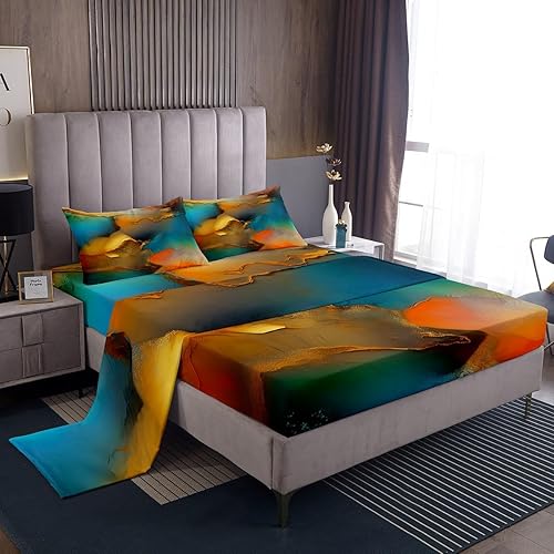 Juego de sábanas de mármol azul dorado moderno juego de sábanas estéticas de mármol para niños y niños, diseño retro de acuarela con sábana bajera