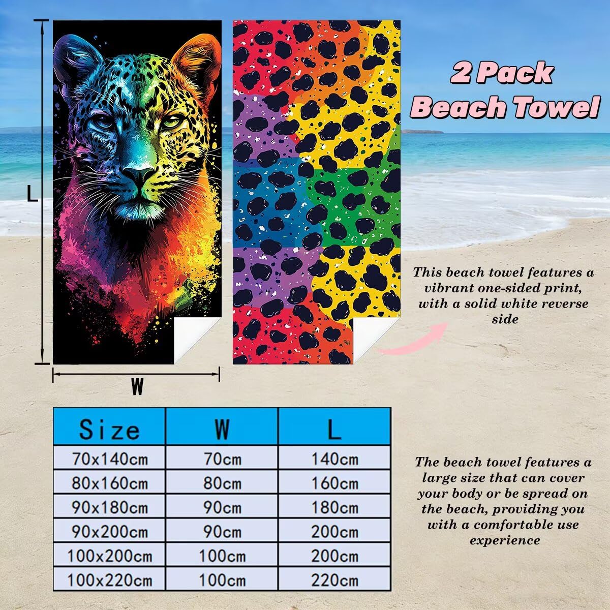 Toalla Playa 80x160 cm, Toalla Gimnasio Microfibra Secado Rapido, Juego de 2 Antiarena Toallas de Playa, Ligera Compacta Toallas Microfibra Grande, Regalo Mujer Hombre (Estampado de leopardo) -5115