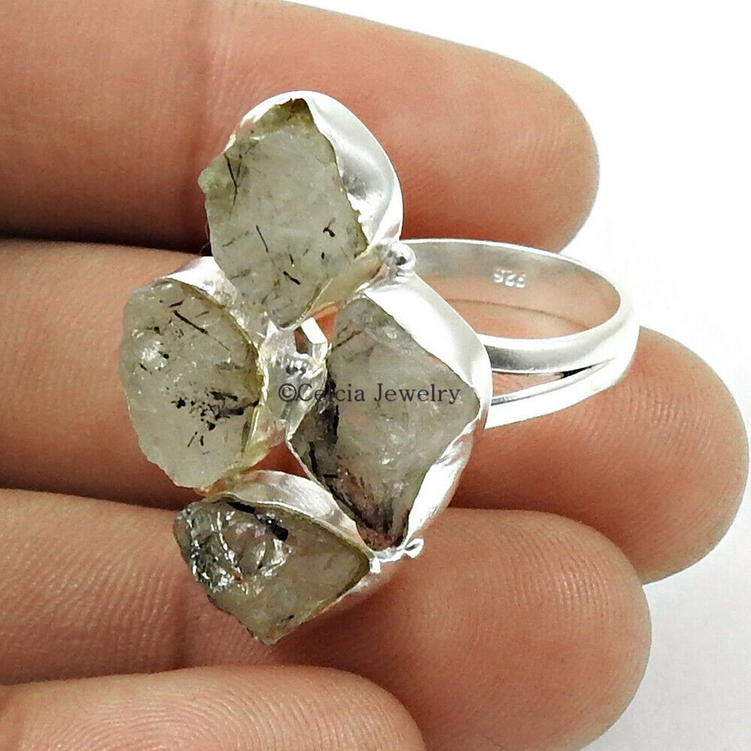 Anello ruvido nero rutilo, vero argento sterling, anello impilabile multi pietra, anello dal design unico, anello per regali di famiglia incredibili, regali per migliori amici