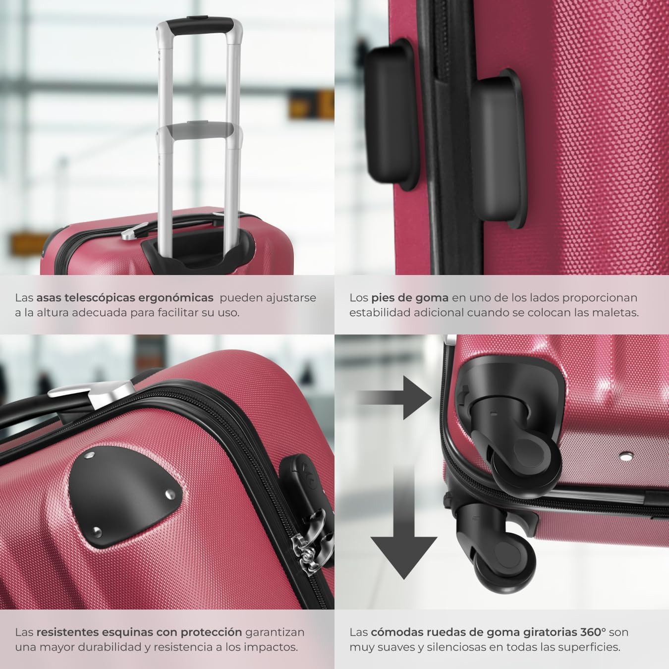 Close-up of suitcase features: telescopic handle, rubber feet, reinforced corners, and 360-degree wheels