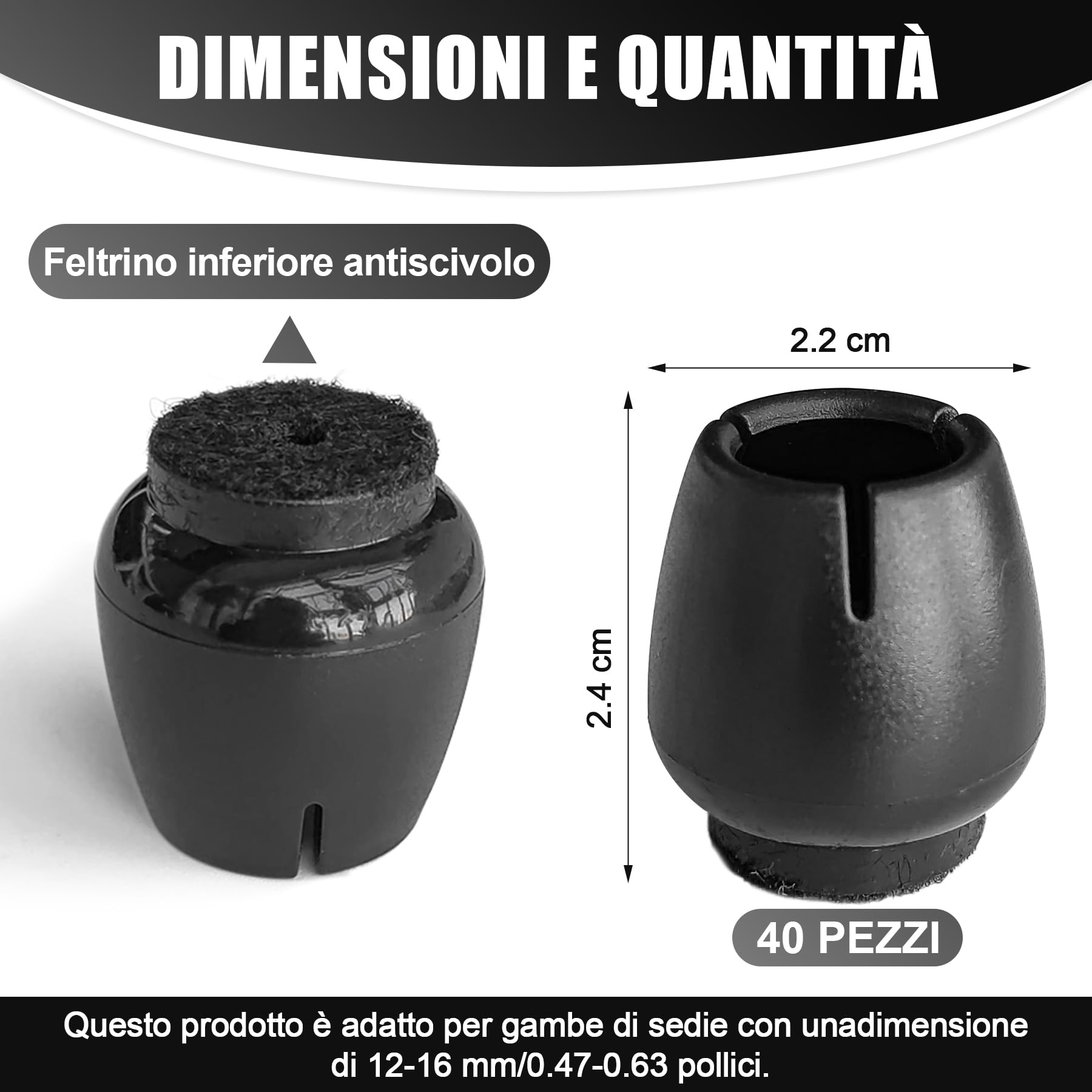40 Pezzi Tappi per Sedie in Silicone Nero, Gommini Coprigambe Rotondi per Gambe di Sedie 12-16mm, Protezioni per Pavimento Antigraffio e Antiscivolo per Casa e Ufficio(NERO)