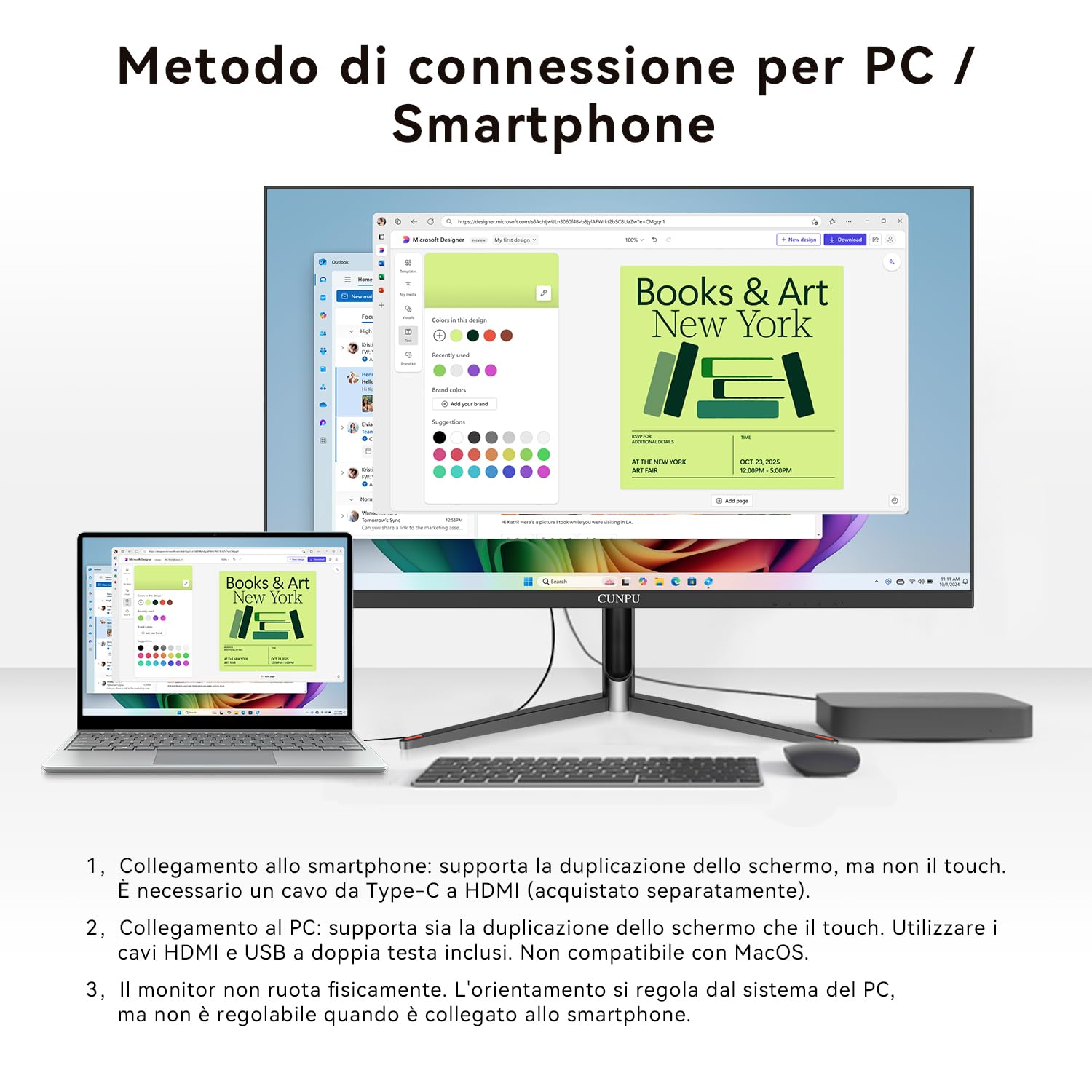 CUNPU Monitor PC 24 Pollici (23.8") Touch Screen 10 Punti, Schermo IPS Full HD 1080p 75Hz, Monitor Tattile con Protezione Low Blue Light, Connettività HDMI/VGA/USB, Ideale per Ufficio, Scuola e Casa