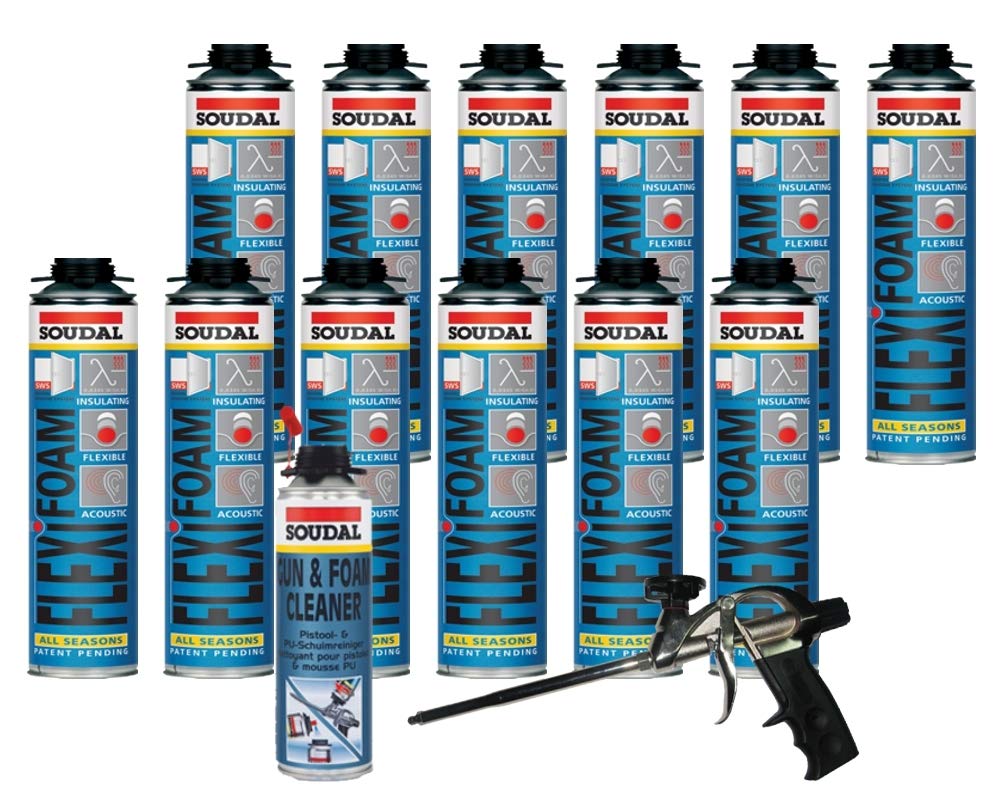 Soudal Ekonomiczny zestaw 12 x Flexifoam pianka okienna 500 ml + profesjonalny pistolet do czyszczenia pistoletu