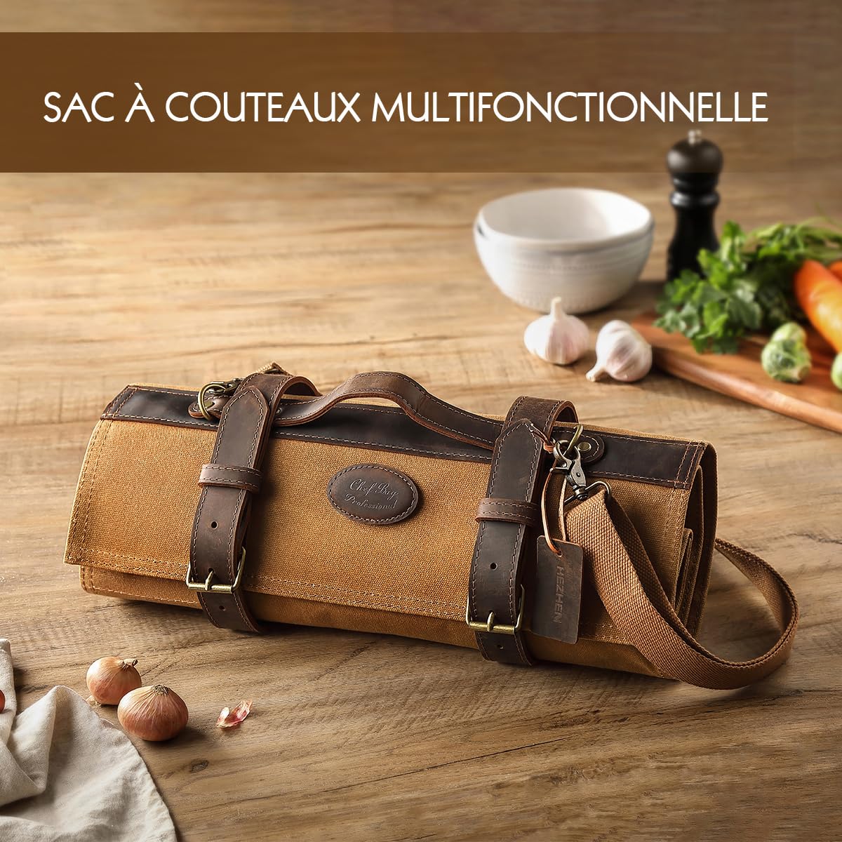 HEZHEN Sac à Couteaux de Chef，Rouleau de Couteau (sans Couteau)-Jaune Brun | 16oz Huile Ciré Toile, Imperméable,Bandoulière Réglable,12 Fentes & 2 Poche Zip, Portable Sacoche pour Rangement Couteau