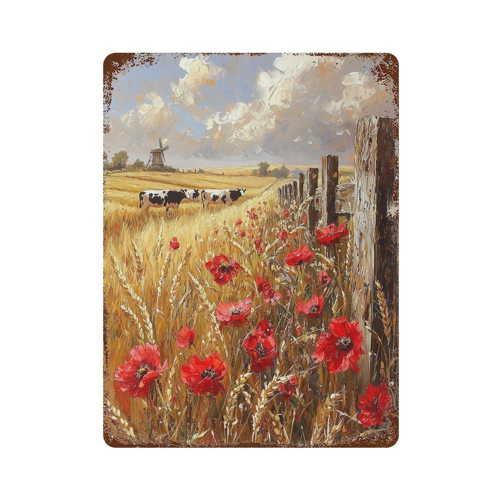 Rustic Field with Poppies -1 Decorative Tin Sign 15.7"x11.8", Farmhouse Wall Decor for Garage, Bar And Workshop Decor
