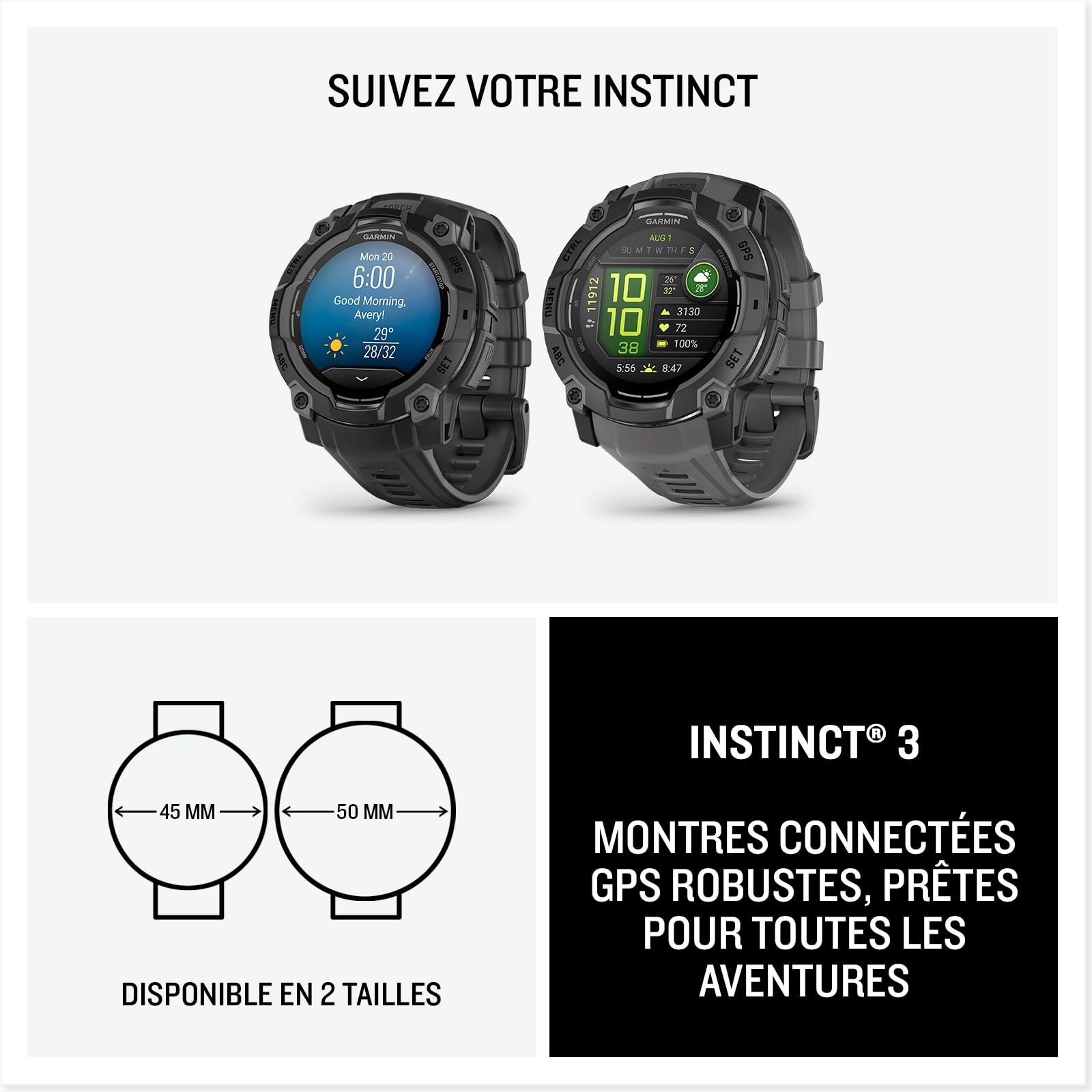 Garmin [renewed Instinct 3, AMOLED - Montre GPS Robuste et connectée – Noir avec Bracelet Noir – Boîtier 45 mm, (Reconditionné)