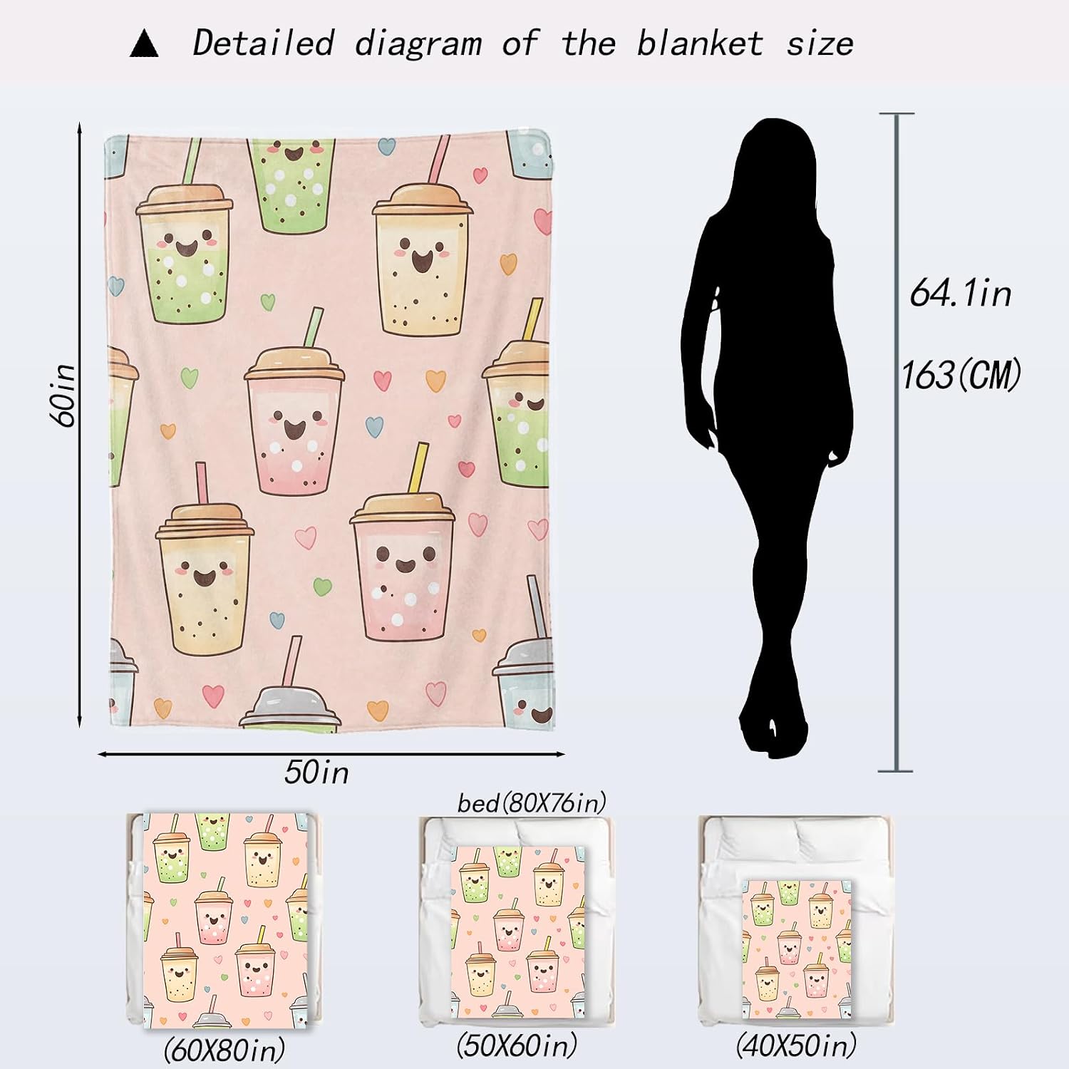 Bubble Tea Blanket - Cute Smiling Faces and Hearts Pink Fleece Throw,Gifts for Kids Adult, Soft & Warm,Lightweight, for Whimsical Modern Decor, Bobas Lovers, and Room Home Accents 50x60in