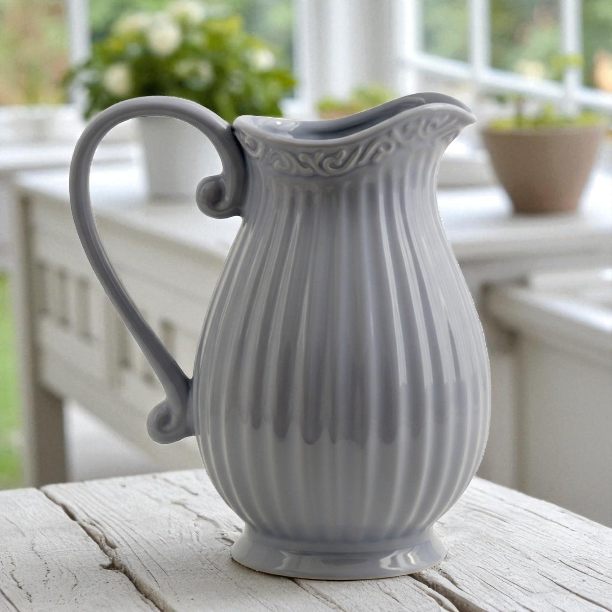 Brocca in ceramica da 1,2 L, grigio pastello - Brocca per acqua, vaso, brocca caraffa brocca per latte in stile rustico country, country, french country, colori pastello, colori a gesso