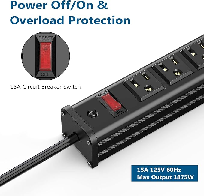 BTU Multitoma Resistente de Metal con 24 Tomas, Interruptor y Protección contra Sobrecarga, Cable de 3.05 m, 15A 125V 1875W (Negro) miniatura 5