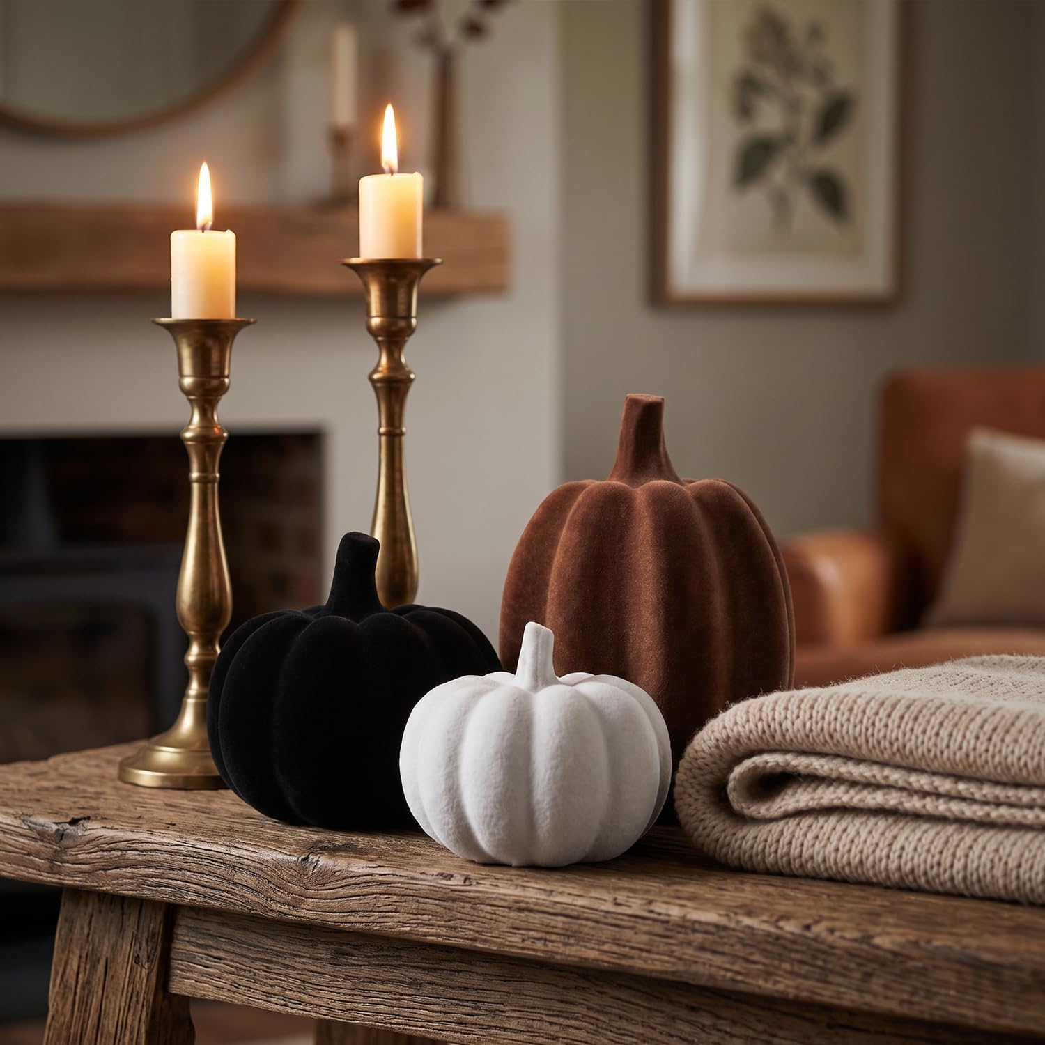 White Black Brown Flocked Pumpkins, Resin Pumpkin Modern Thanksgiving Decor