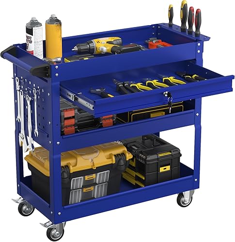 Carrito de herramientas rodante de 3 niveles con cajones, carrito utilitario resistente sobre ruedas, carrito de servicio de gran capacidad de