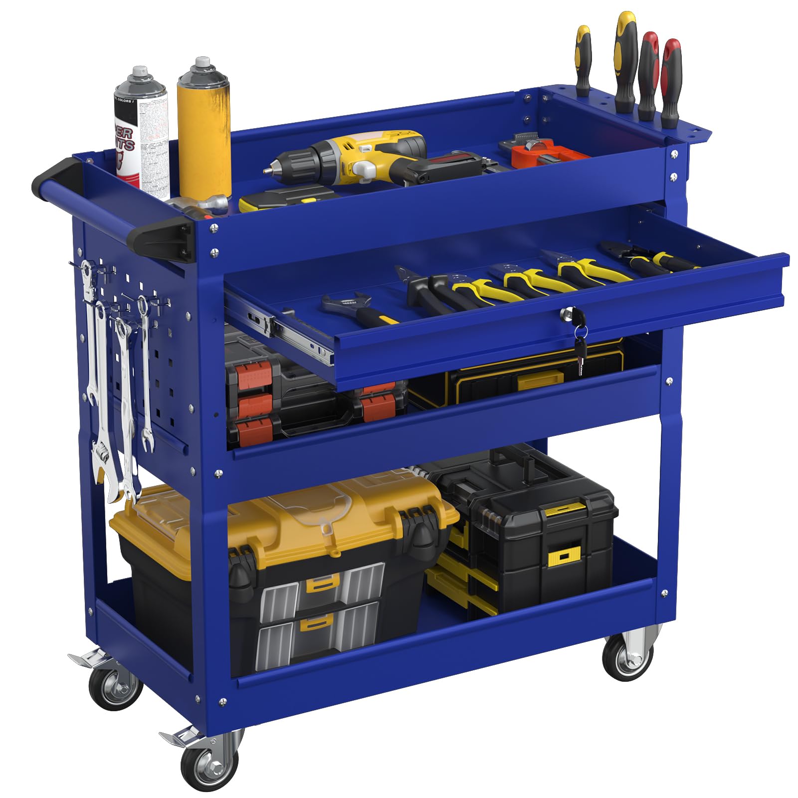 3 Tier Heavy Duty Rolling Tool Cart with Drawers, Large Storage Utility Cart on Wheels for Garage, Warehouse, Repair Shop (Deep Blue)