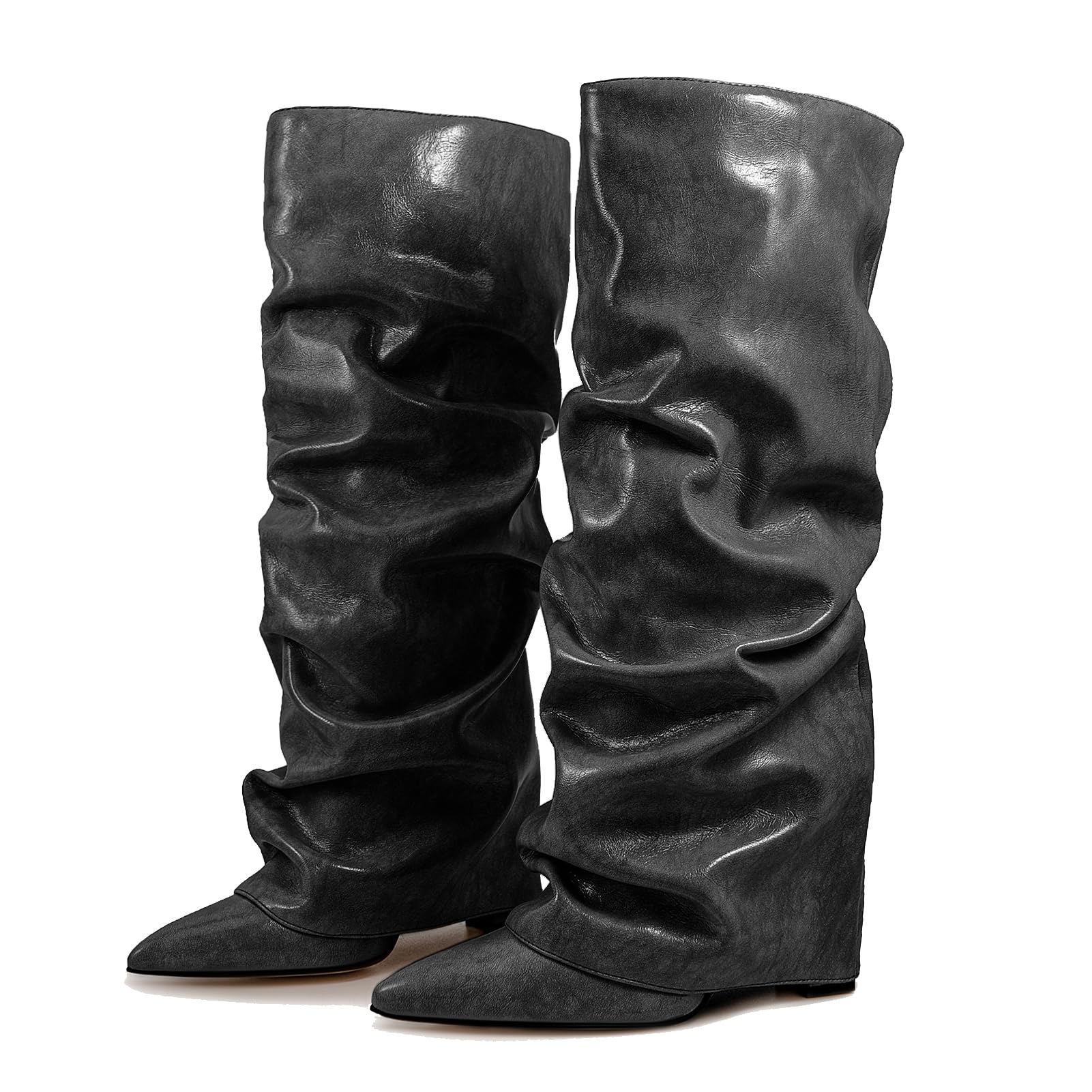 Fold Over Boots Slouch Block Heels Dressy Knee Boots