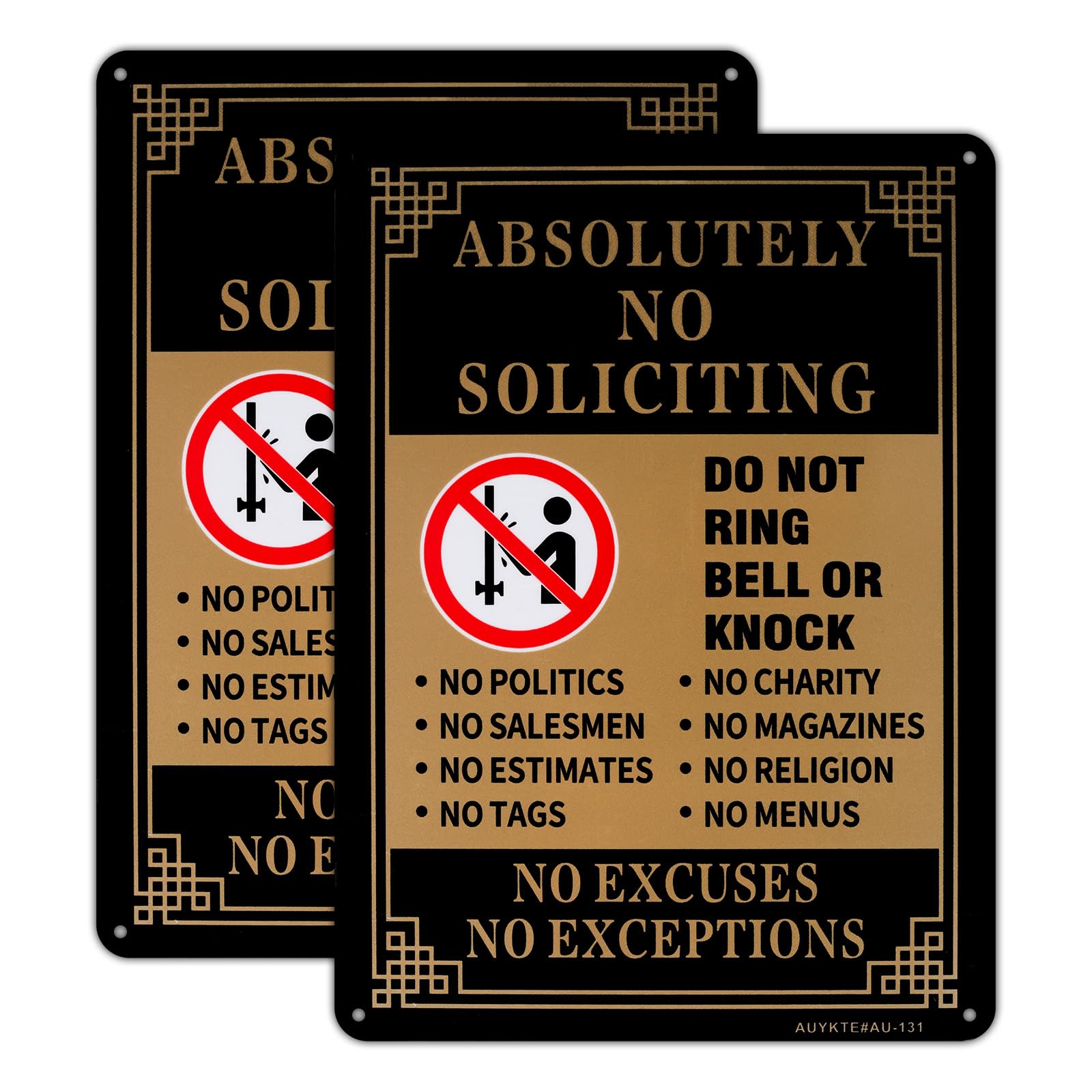 Absolutely No Soliciting Sign 2 Pack, No Excuses, No Exceptions Do Not Ring Bell Or Knock Sign, 10"x7" Rust Free Aluminum Reflective, UV Protected,