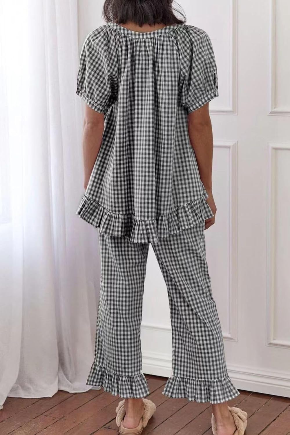 Womens Cotton Gingham Pajama Set, 2 Piece Cute Ruffle Babydoll Shirt and Pants Soft Plaid Pjs Sleepwear Loungewear - Image 2