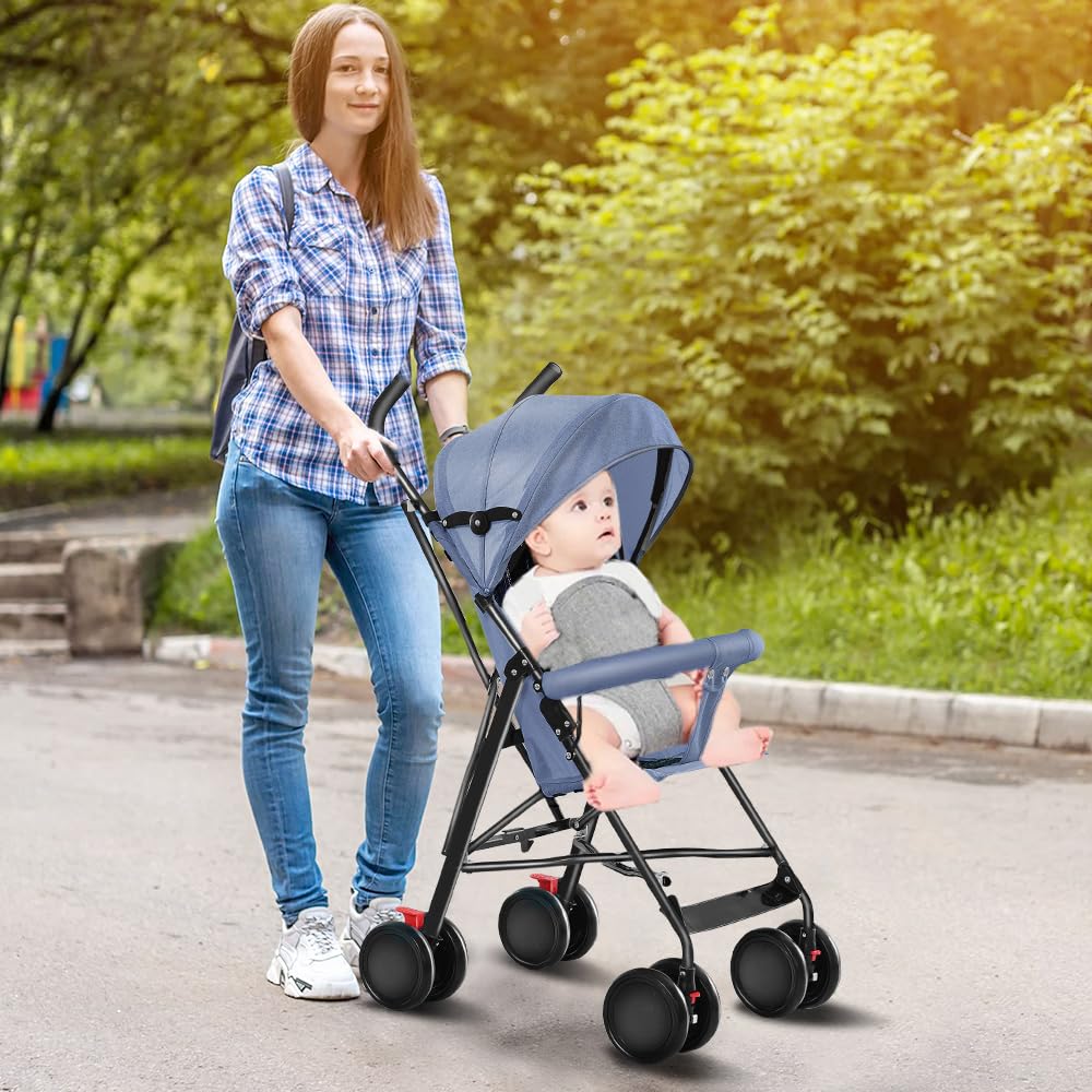 Kinderwagen für Babys, ultraleicht, kompakt, faltbar und neigbar, von Geburt bis 25 kg, mit Trolley-System, Regenschutz im Lieferumfang enthalten, ausziehbare Haube D-blau