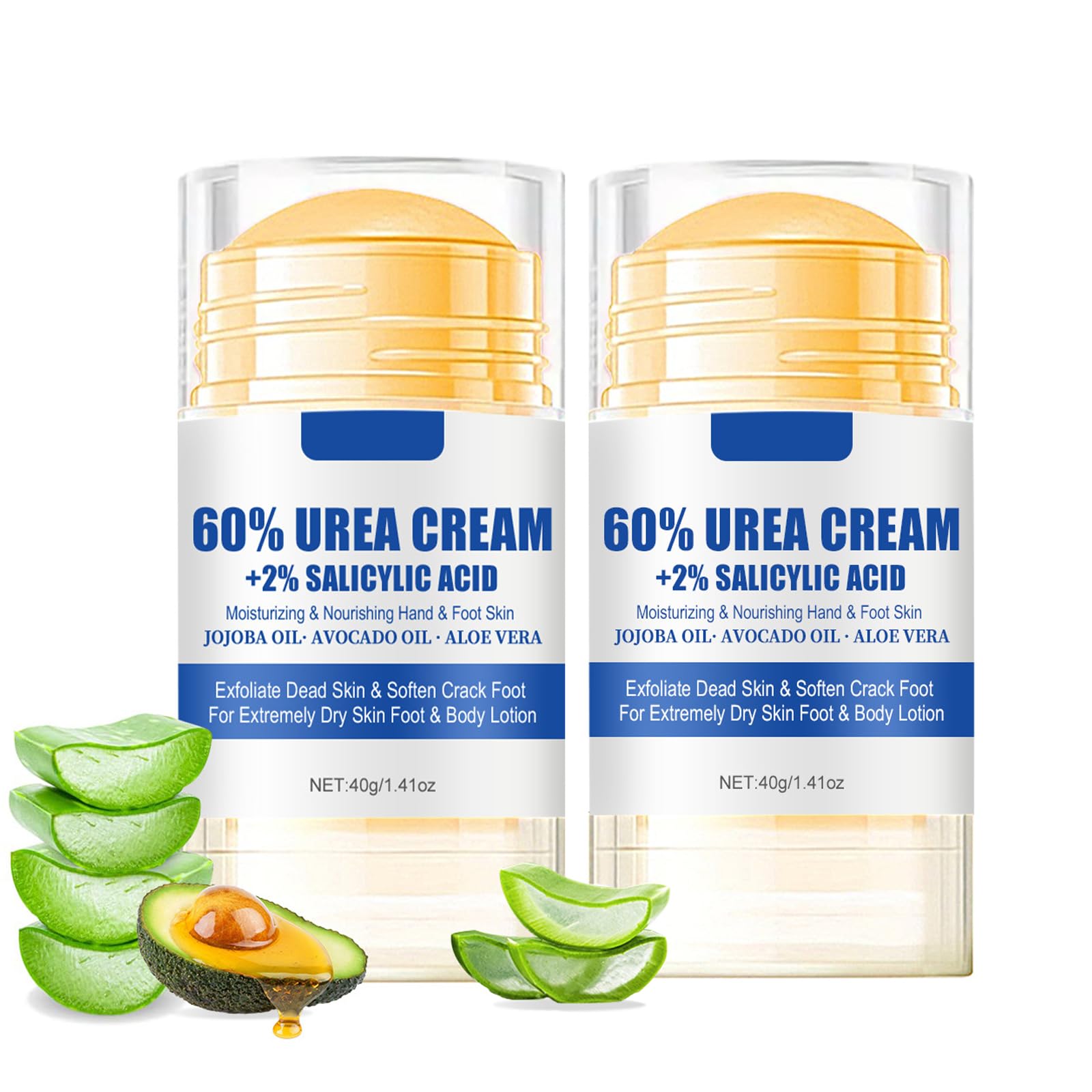 2pcs Urea Cream Stick 60% plus Salicylic Acid 2%, Maximum Strength Urea Foot Cream for Dry Cracked Heels, Feet Callus Remover, Hands Knees Exfoliating Dead Skin, Softening Skin Moisturizer Lotion Urea+Urea 1.41 Fl Oz (Pack of 2)