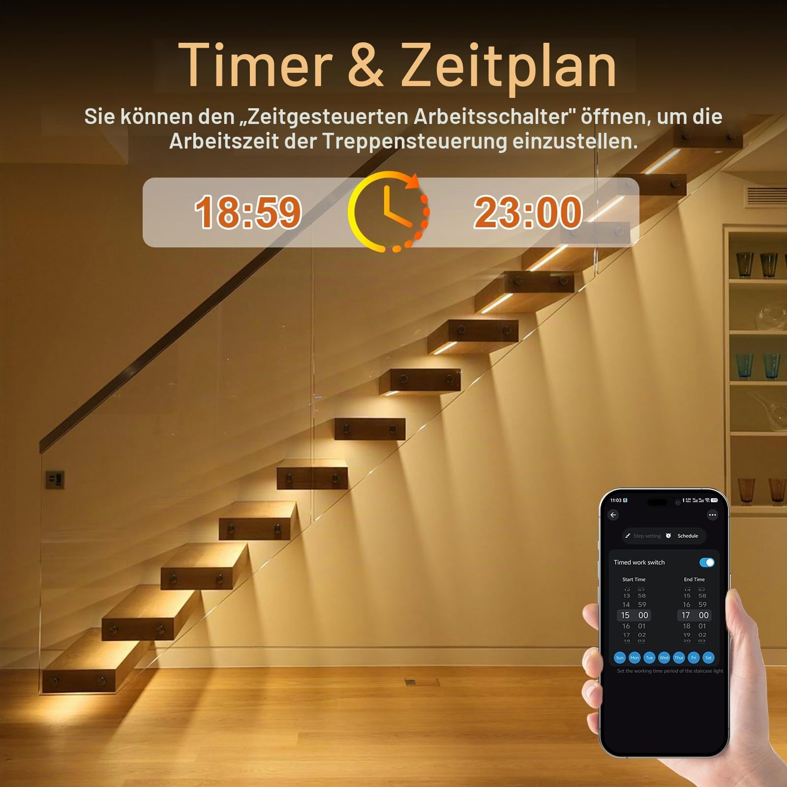 Intelligente Treppenbeleuchtung 13 Stufen Warmweiß 3000K | Bewegungsmelder Treppenlicht mit App & RF-Fernbedienung, Bluetooth Smart Stair Light, COB LED Streifen Indoor