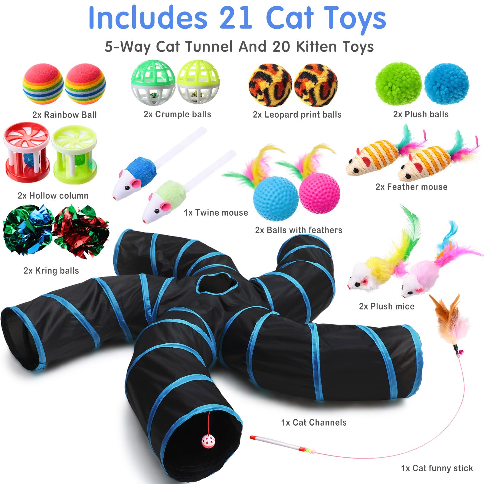 Poen Juego de 21 juguetes para gatos con túnel plegable de 5 vías para gatos de interior y 20 juguetes para gatitos, juguete interactivo de plumas para gatos, bolas arrugadas, tubo grande para gatos